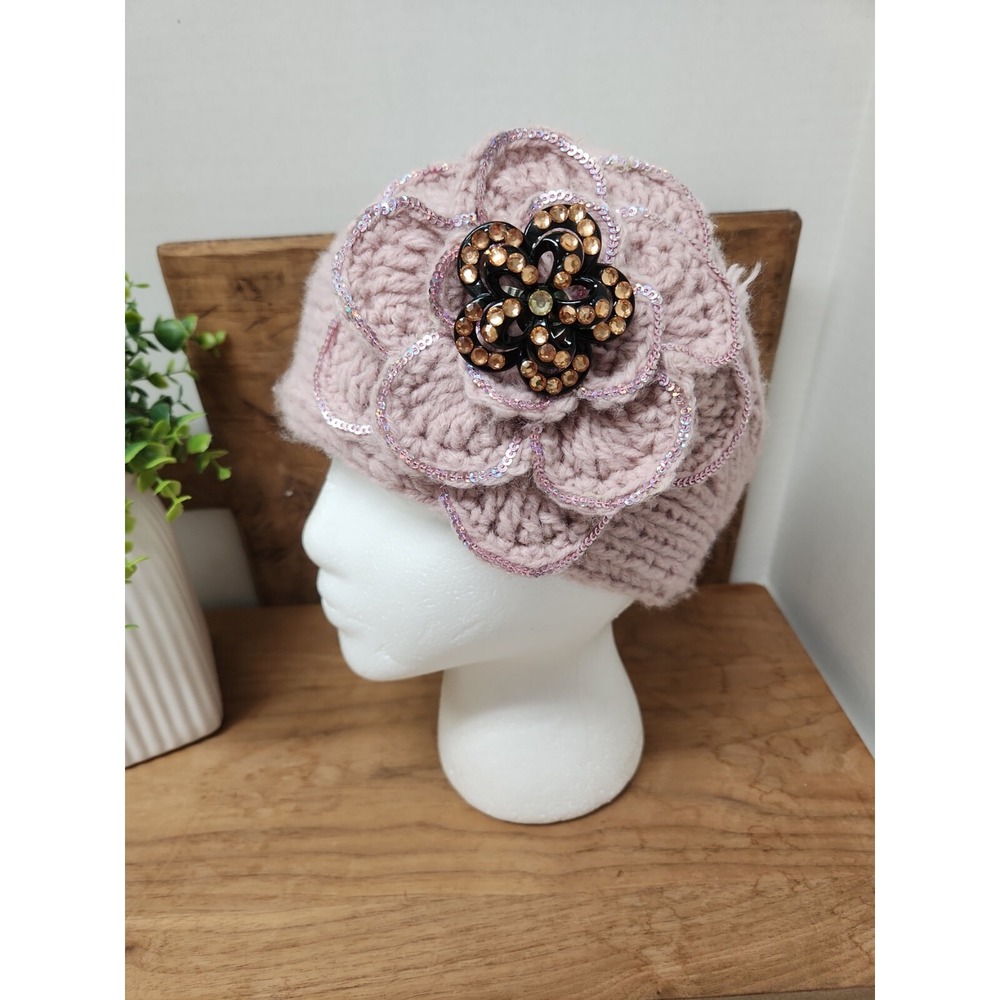 C.C. Exclusive Cable Knit Headband Crocheted Flower & Brooch Adjustable Button